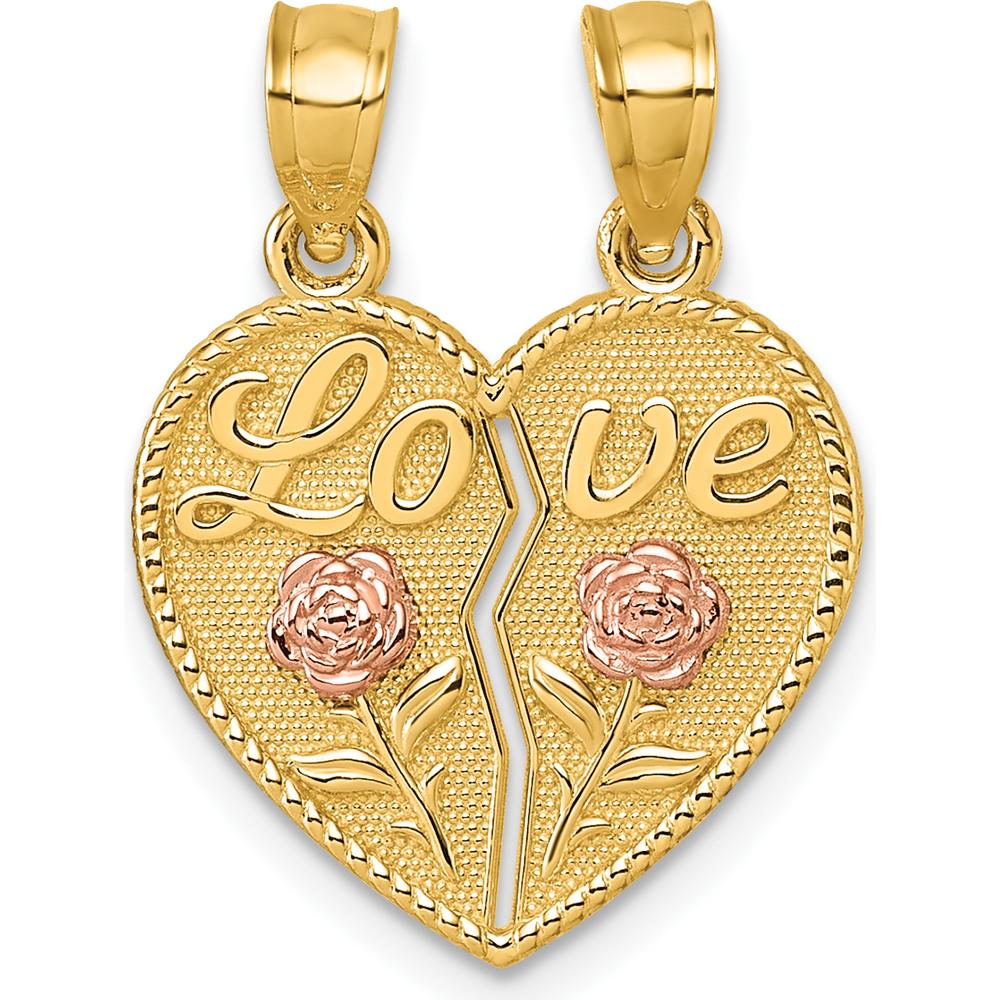 14K Two-Tone Gold Love and Roses Heart Pendant with Polished Finish by Oro Pregiato