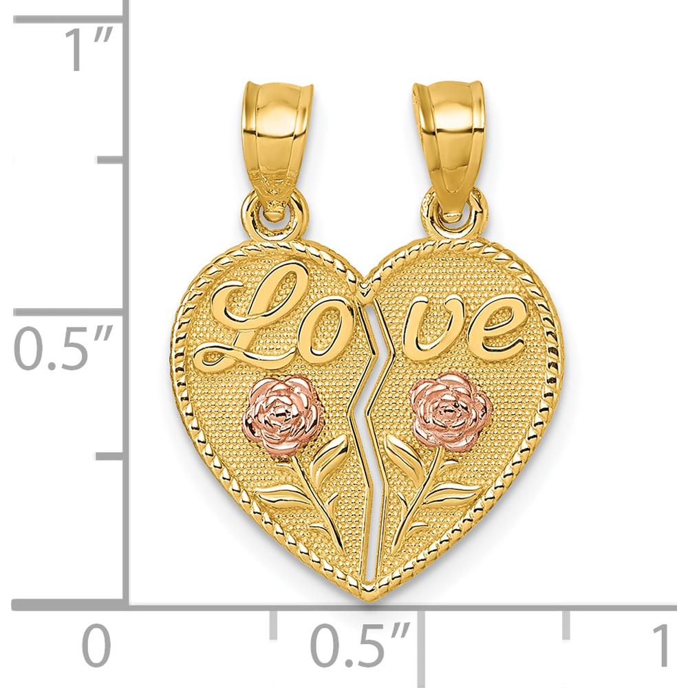14K Two-Tone Gold Love and Roses Heart Pendant with Polished Finish by Oro Pregiato
