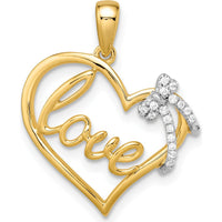 14K Two-Tone Gold LOVE Script Heart Pendant with Diamond Bow - 0.0145 Carat Total Diamond Weight by Oro Pregiato