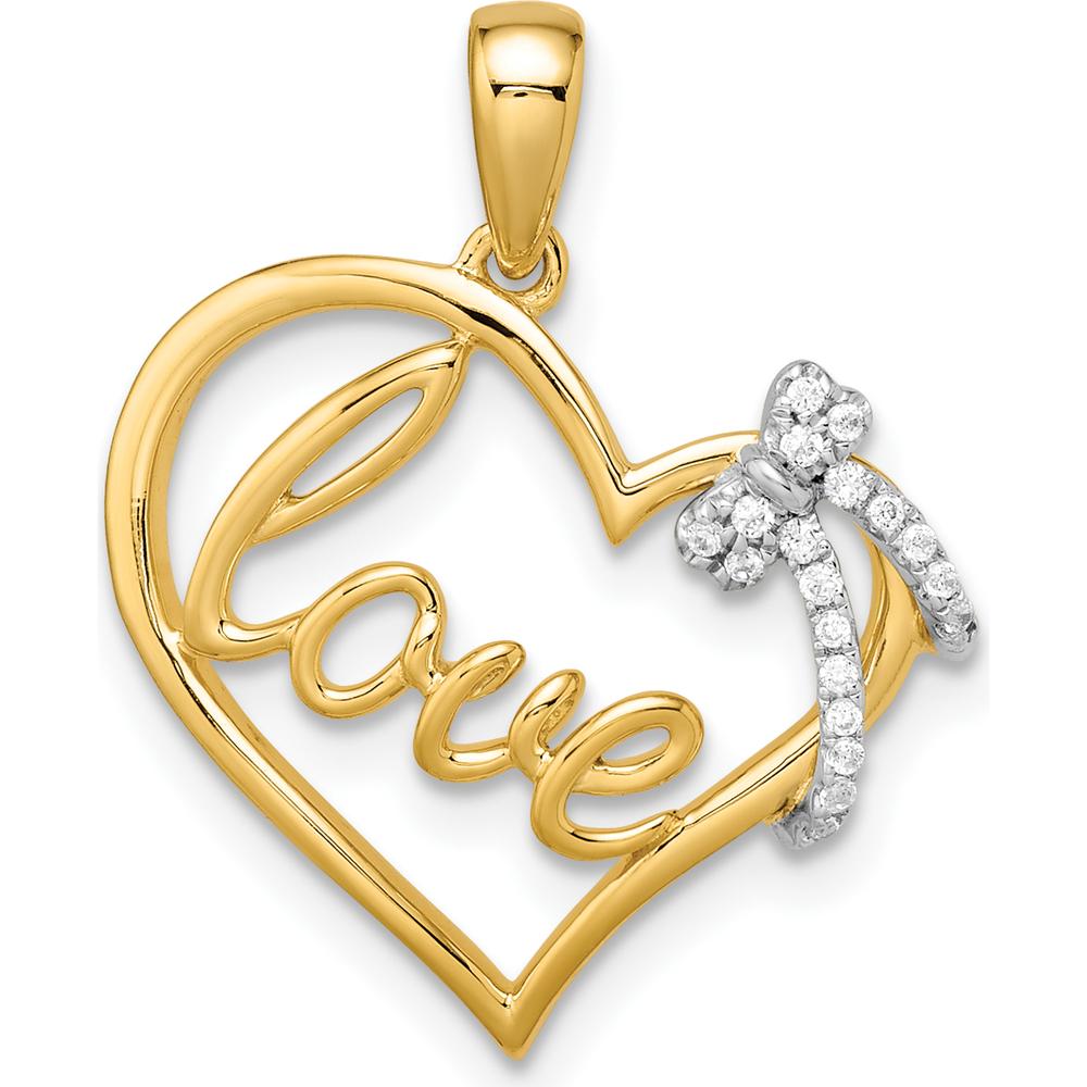 14K Two-Tone Gold LOVE Script Heart Pendant with Diamond Bow - 0.0145 Carat Total Diamond Weight by Oro Pregiato