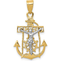 14K Two-Tone Gold Mariners Cross Pendant with Sculpted Christ Figure - Nautical Religious Symbol by Oro Pregiato