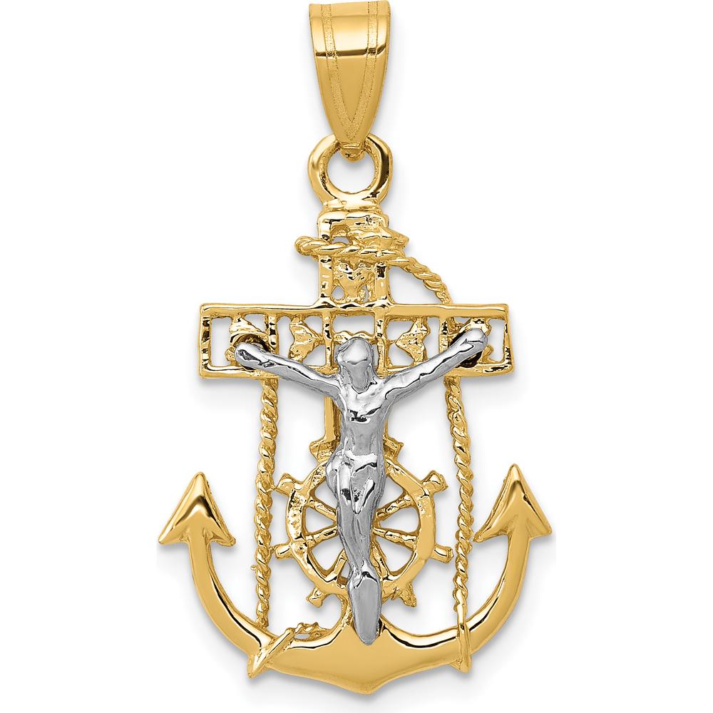 14K Two-Tone Gold Mariners Cross Pendant with Sculpted Christ Figure - Nautical Religious Symbol by Oro Pregiato