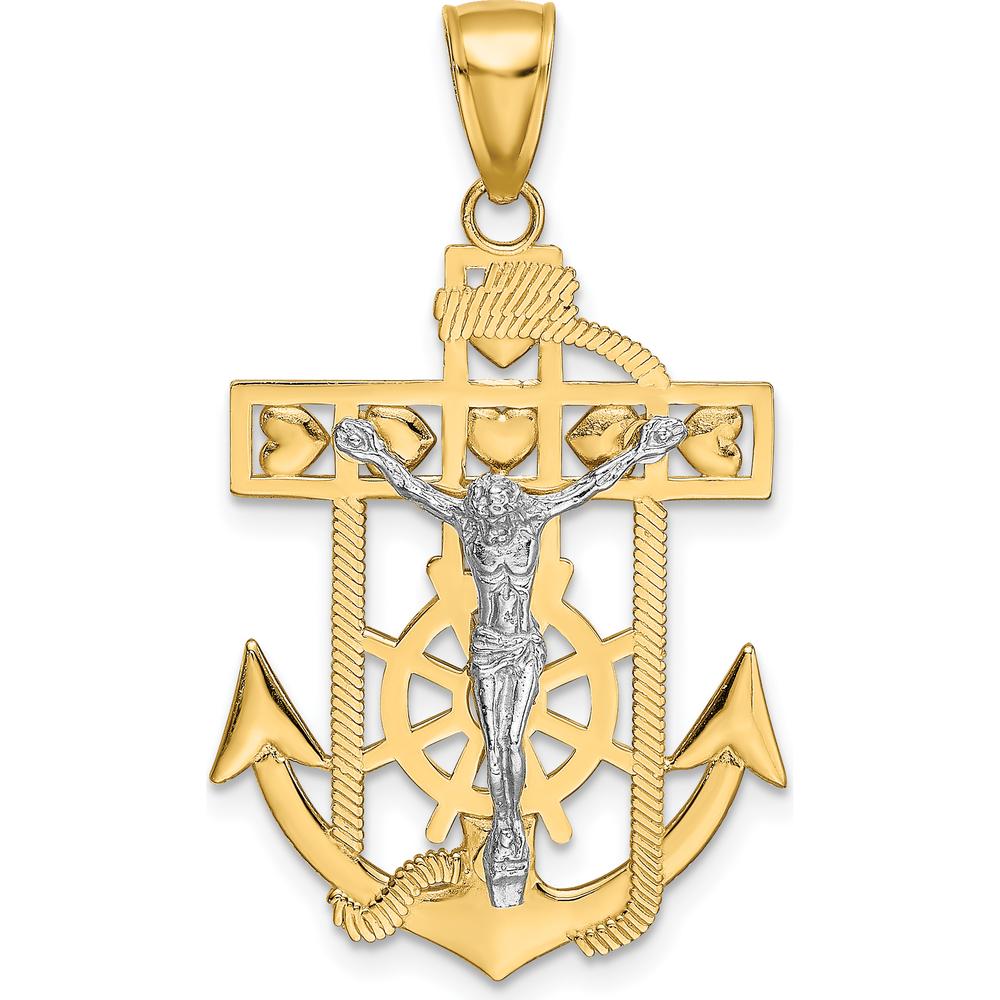 14K Two-Tone Gold Mariners Crucifix Anchor Pendant - 39mm Length by Oro Pregiato