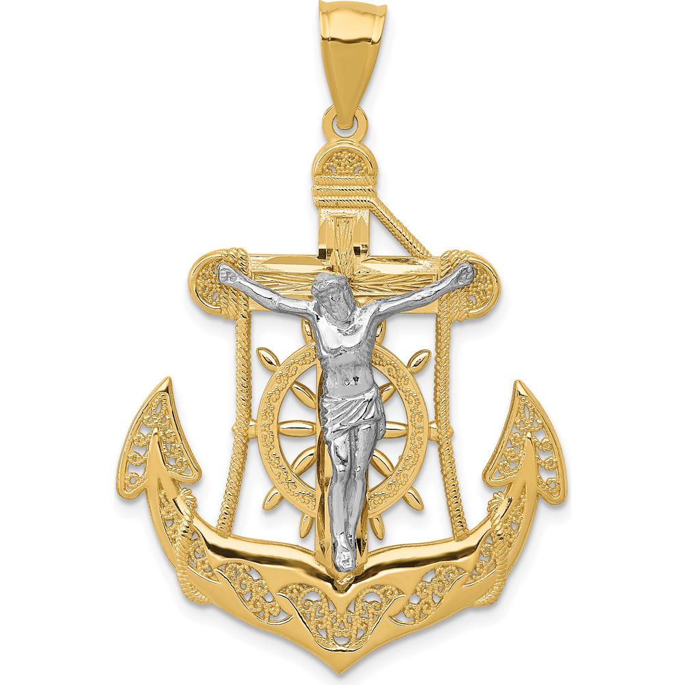 14K Two-Tone Gold Mariners Crucifix Pendant with Ornate Milgrain Design - 44mm Length by Oro Pregiato