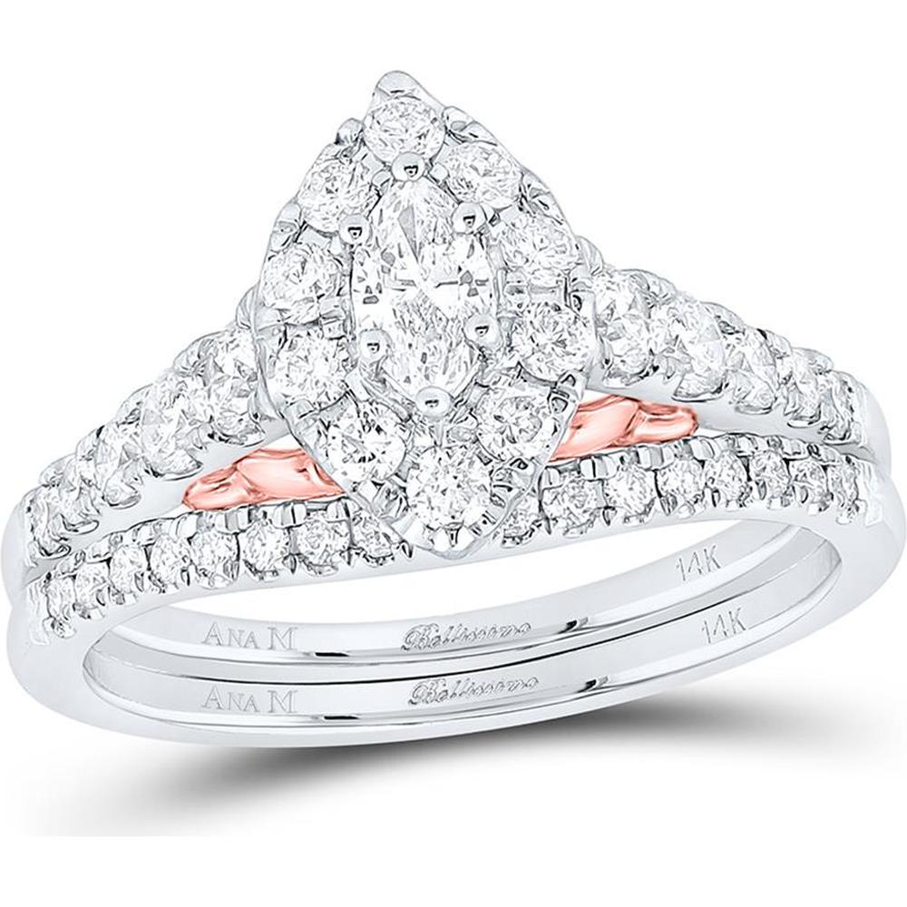 14K Two-Tone Gold Marquise Diamond and Sapphire Bridal Wedding Ring Set - 1.0 Carat Total Diamond Weight