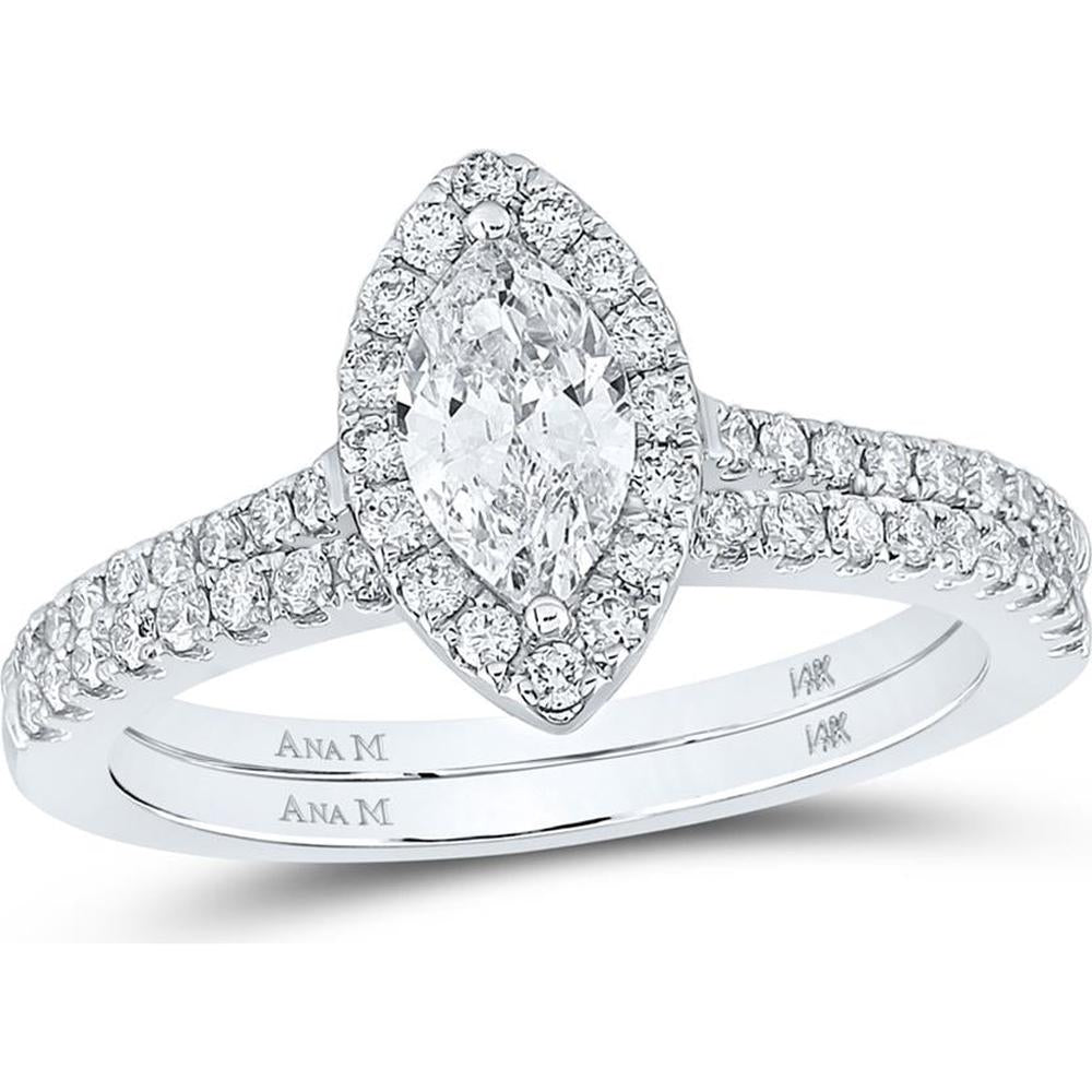 14K Two-Tone Gold Marquise Diamond Halo Bridal Wedding Ring Set - 1.13 Carat Total Diamond Weight