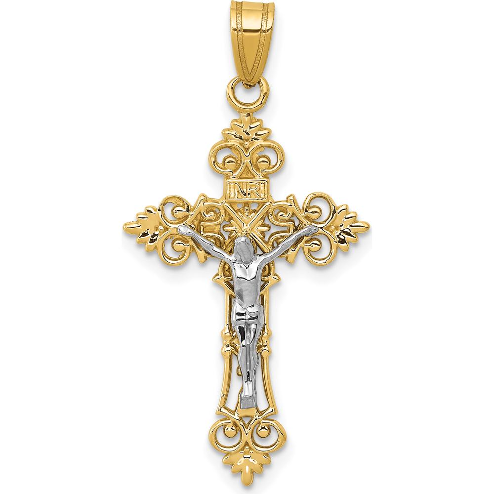 14K Two-Tone Gold Medium Lacy-Edge INRI Crucifix Pendant by Oro Pregiato