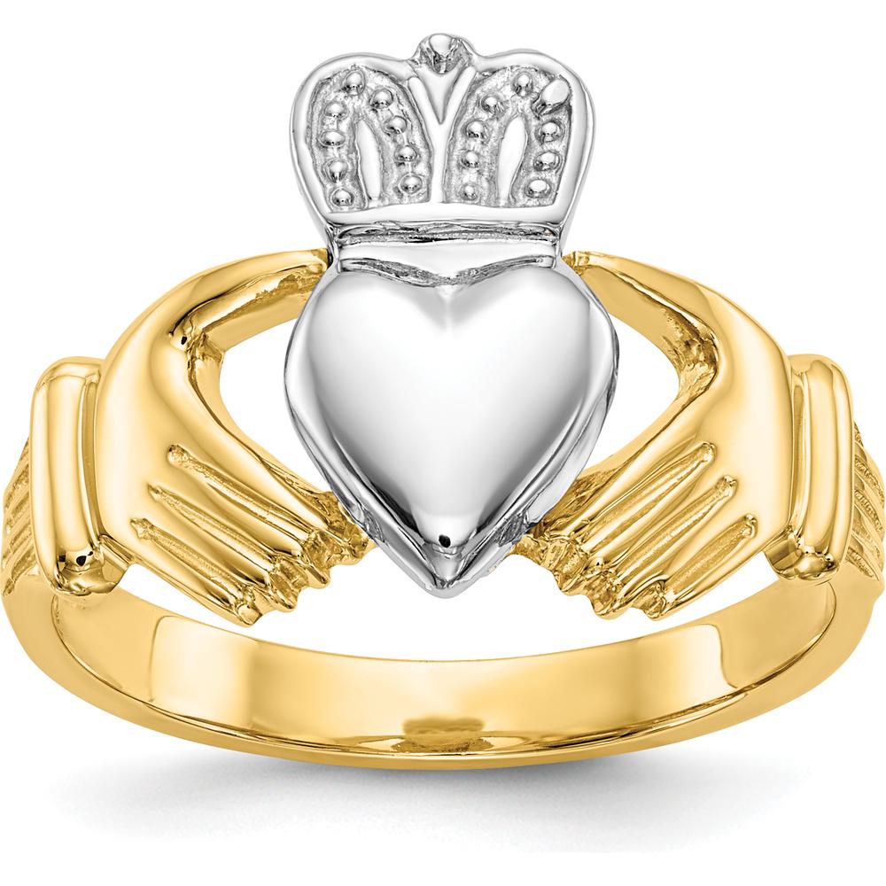 14K Two-Tone Gold Men’s Claddagh Ring with Textured Finish and Polished Domed Profile by Oro Pregiato