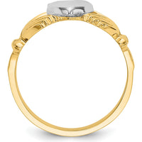 14K Two-Tone Gold Men’s Claddagh Ring with Textured Finish and Polished Domed Profile by Oro Pregiato