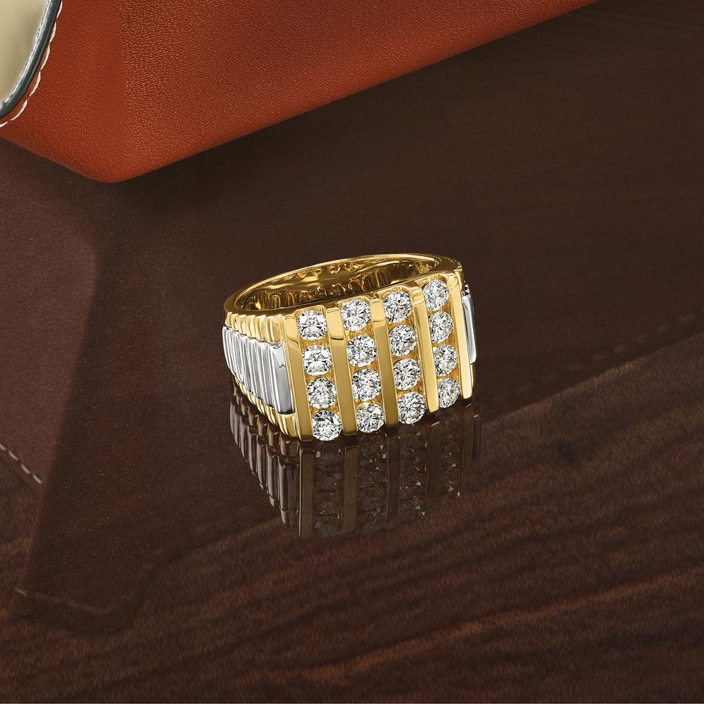 14K Two-Tone Gold Men's 4-Row Diamond Ring with 2 Carats Round Diamonds by IBGoodman