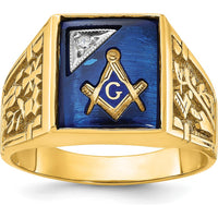 14K Two-Tone Gold Men's Masonic Ring with Lab-Created Blue Sapphire and Round Diamond Accent - 12x10 mm Sapphire, 0.015 Carat Diamond by IBGoodman