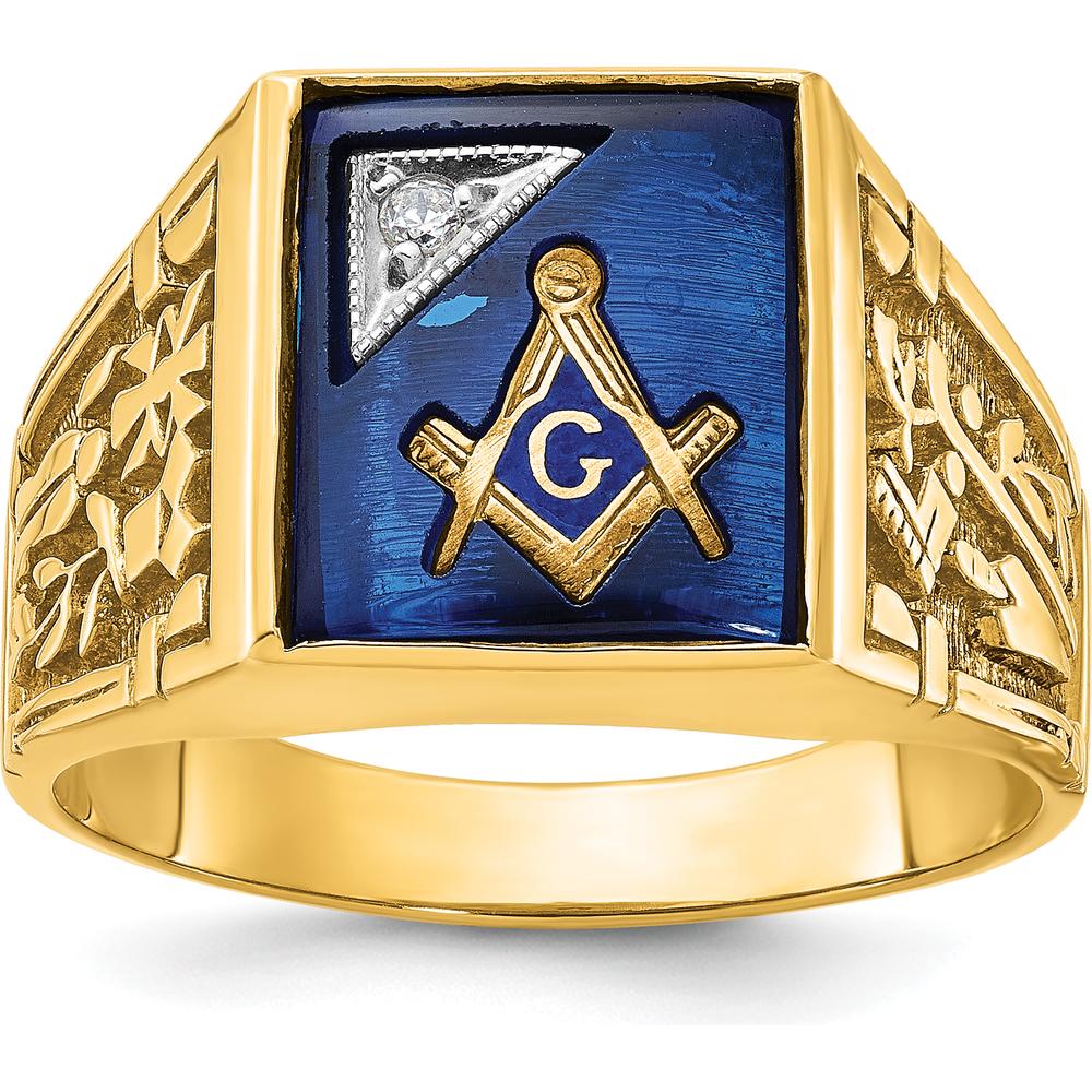 14K Two-Tone Gold Men's Masonic Ring with Lab-Created Blue Sapphire and Round Diamond Accent - 12x10 mm Sapphire, 0.015 Carat Diamond by IBGoodman