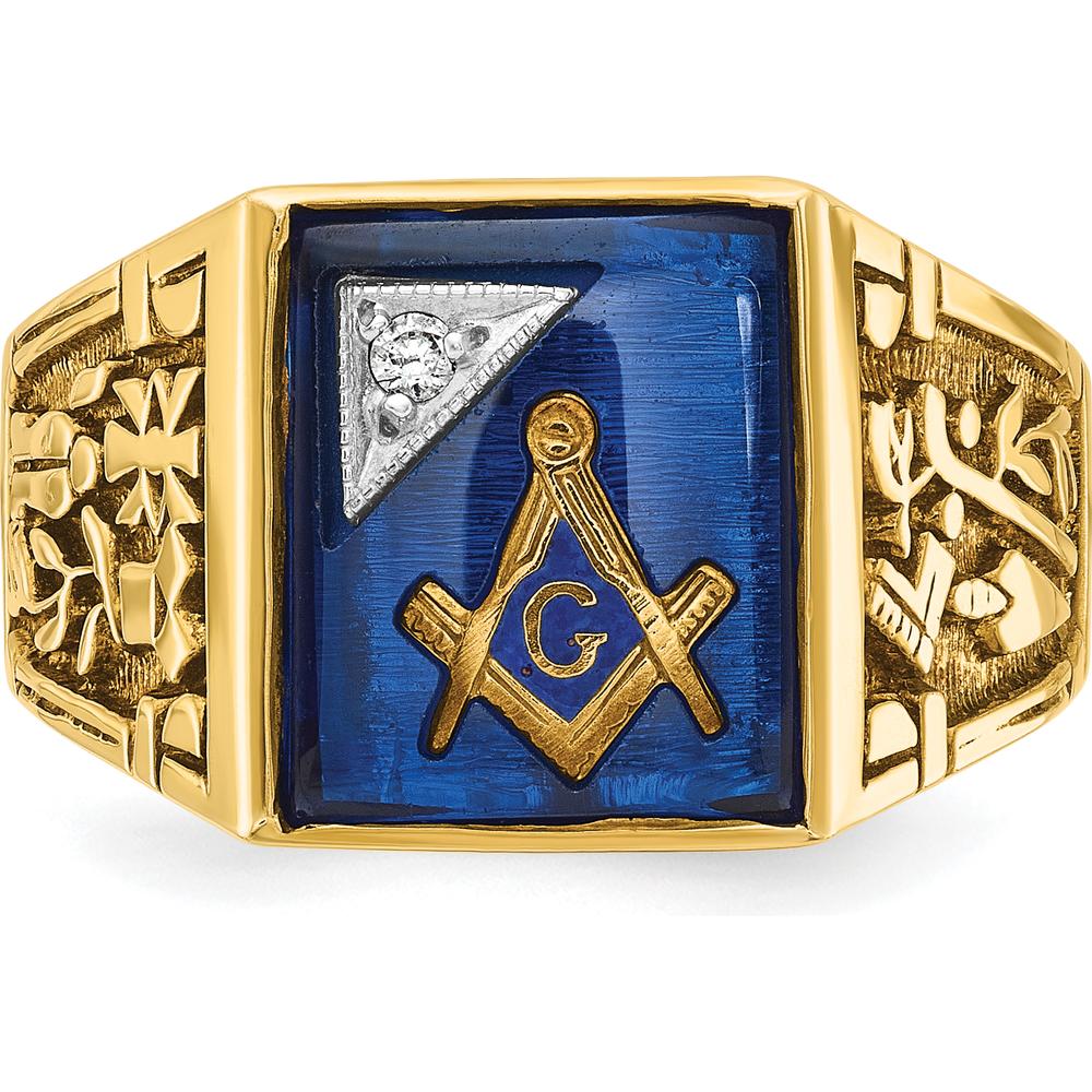14K Two-Tone Gold Men's Masonic Ring with Lab-Created Blue Sapphire and Round Diamond Accent - 12x10 mm Sapphire, 0.015 Carat Diamond by IBGoodman