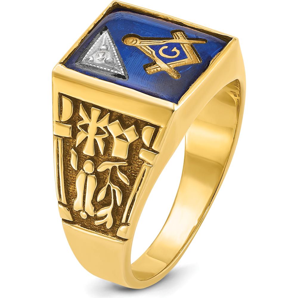14K Two-Tone Gold Men's Masonic Ring with Lab-Created Blue Sapphire and Round Diamond Accent - 12x10 mm Sapphire, 0.015 Carat Diamond by IBGoodman