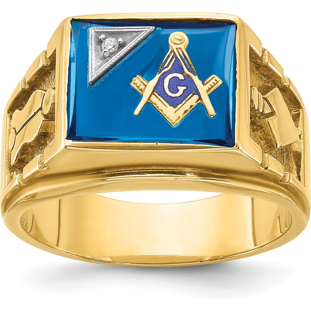 14K Two-Tone Gold Men's Masonic Ring with Lab Created Sapphire and Diamond - 0.015 Carats Total Diamond Weight by IBGoodman