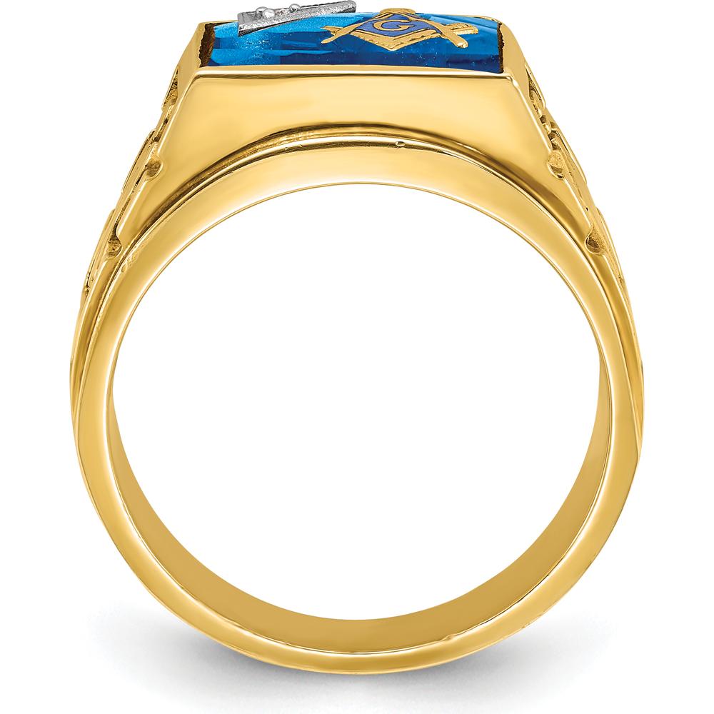 14K Two-Tone Gold Men's Masonic Ring with Lab Created Sapphire and Diamond - 0.015 Carats Total Diamond Weight by IBGoodman