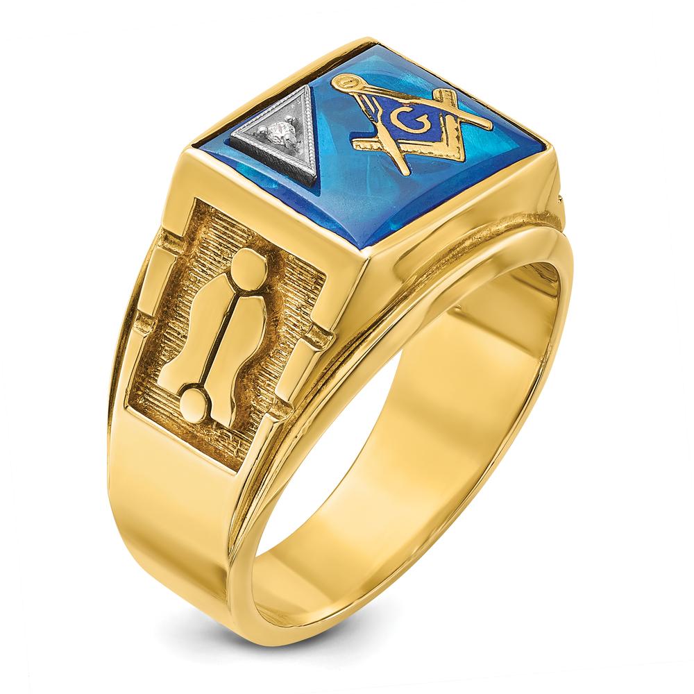 14K Two-Tone Gold Men's Masonic Ring with Lab Created Sapphire and Diamond - 0.015 Carats Total Diamond Weight by IBGoodman