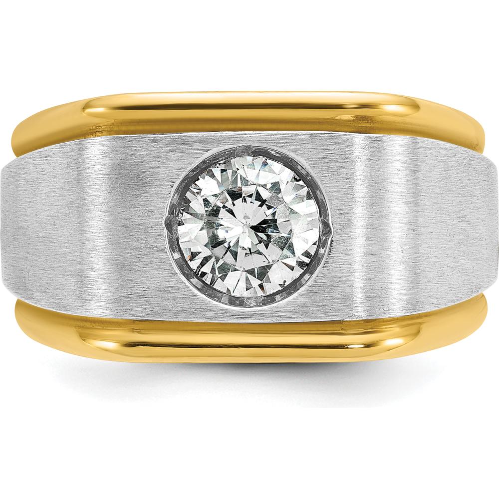 14K Two-Tone Gold Men's Polished and Satin Diamond Ring with 1 Carats Round Faceted Diamond by IBGoodman