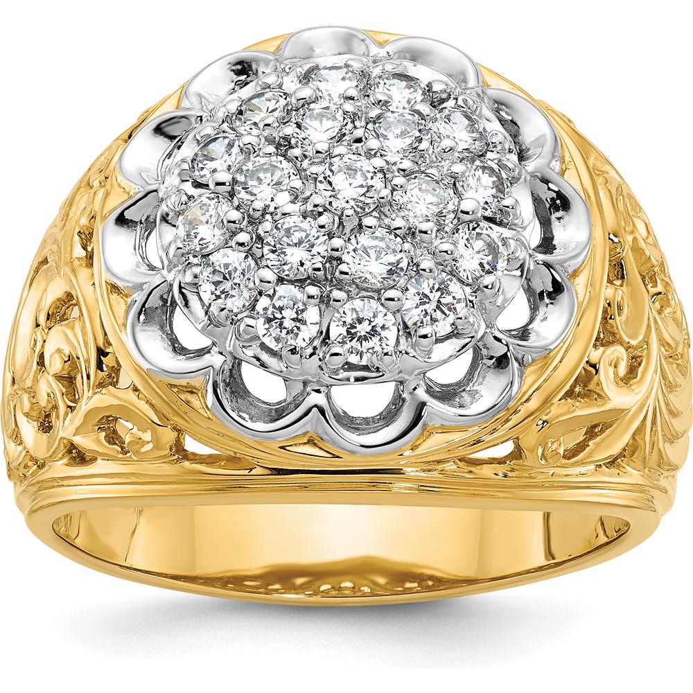 14K Two-Tone Gold Men's Polished Filigree Round Diamond Cluster Ring - 1.50 Carat Total Diamond Weight