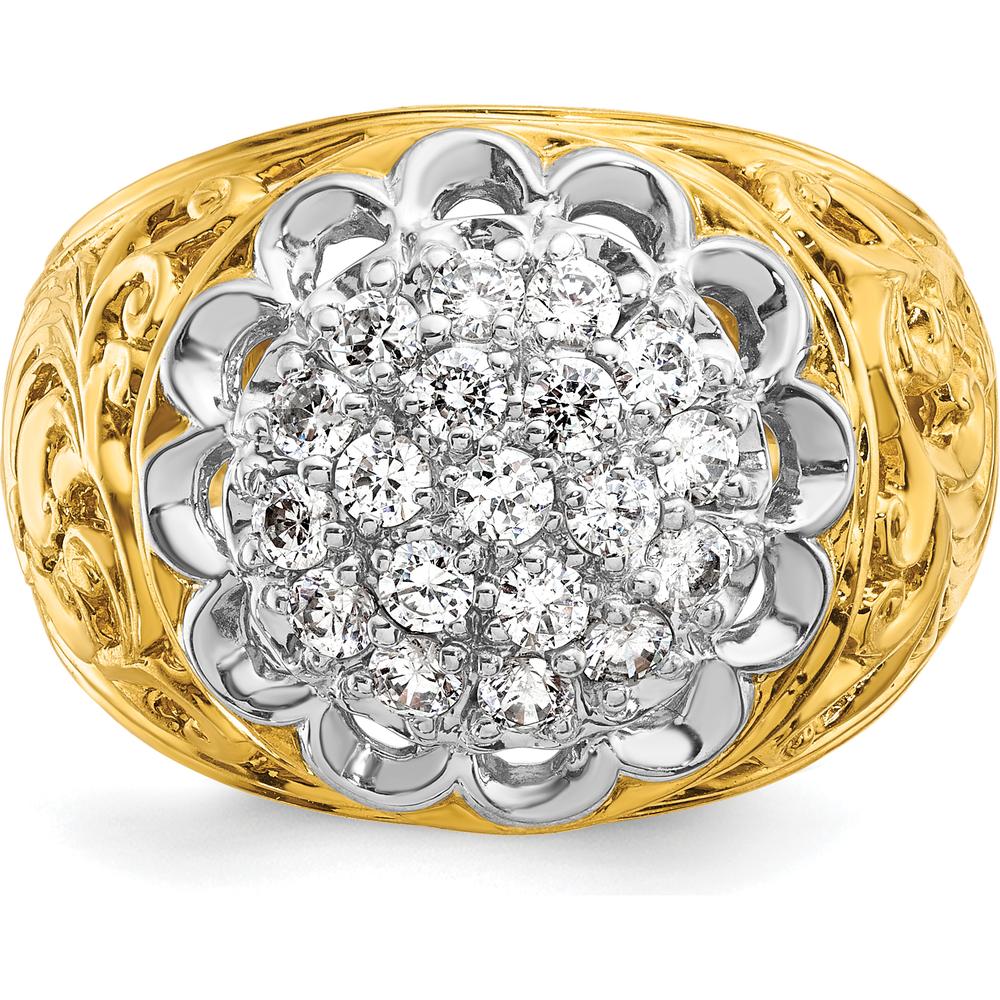 14K Two-Tone Gold Men's Polished Filigree Round Diamond Cluster Ring - 1.50 Carat Total Diamond Weight