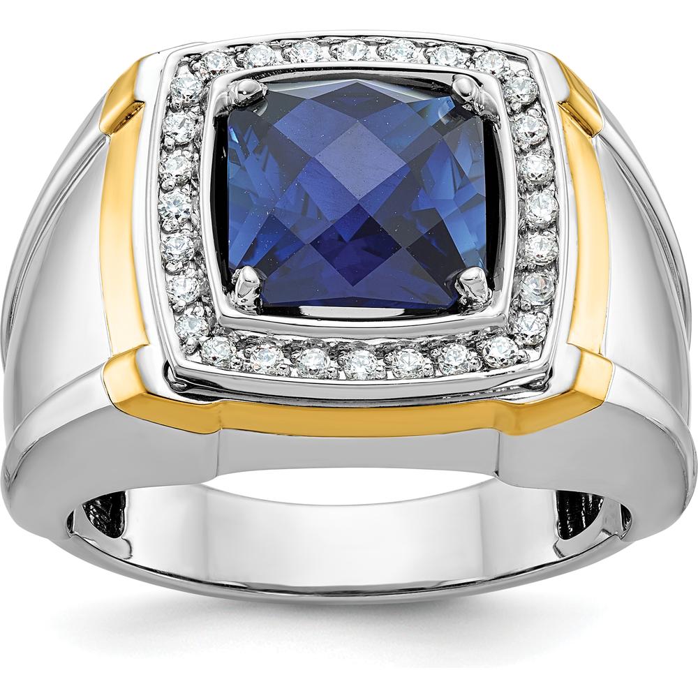 14K Two-Tone Gold Men's Polished Lab Created Sapphire and Diamond Ring - 0.33 Carats Total Diamond Weight by IBGoodman