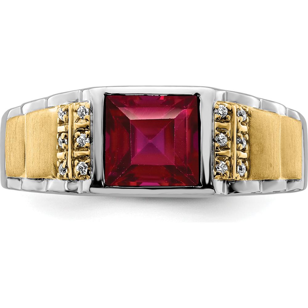 14K Two-Tone Gold Men's Ring with 2 Carat Lab-Created Ruby and 0.06 Carat Round Diamonds by 0