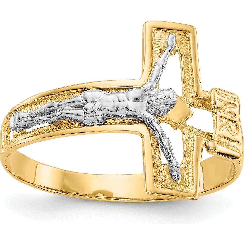 14K Two-Tone Gold Men's Ring with Crucifix Design - 15mm Top Length by Oro Pregiato