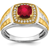 14K Two-Tone Gold Men's Ring with Cushion Cut Lab-Created Ruby and Round Diamond Accents - 1.86 Carat Ruby, 0.008 Carat Diamond Total Weight by 0