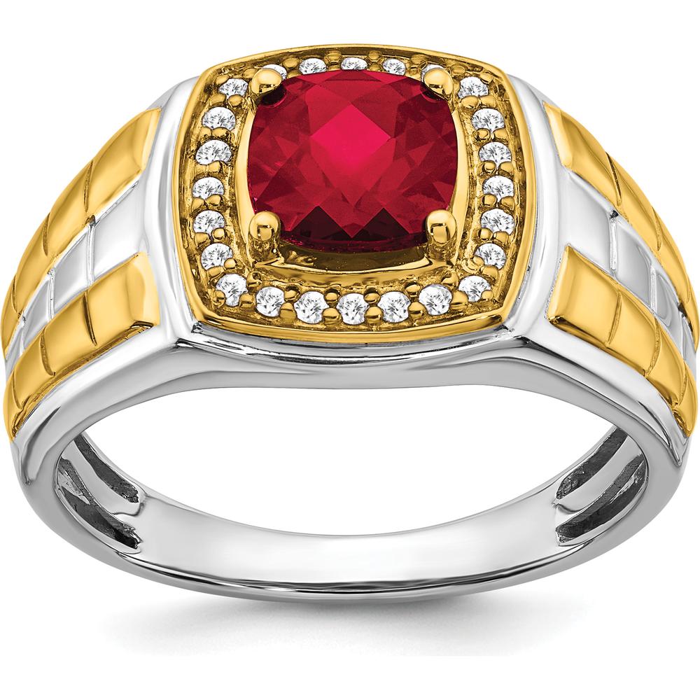 14K Two-Tone Gold Men's Ring with Cushion Cut Lab-Created Ruby and Round Diamond Accents - 1.86 Carat Ruby, 0.008 Carat Diamond Total Weight by 0
