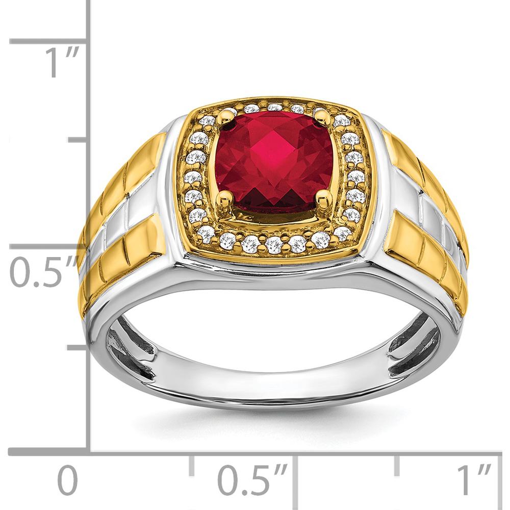 14K Two-Tone Gold Men's Ring with Cushion Cut Lab-Created Ruby and Round Diamond Accents - 1.86 Carat Ruby, 0.008 Carat Diamond Total Weight by 0