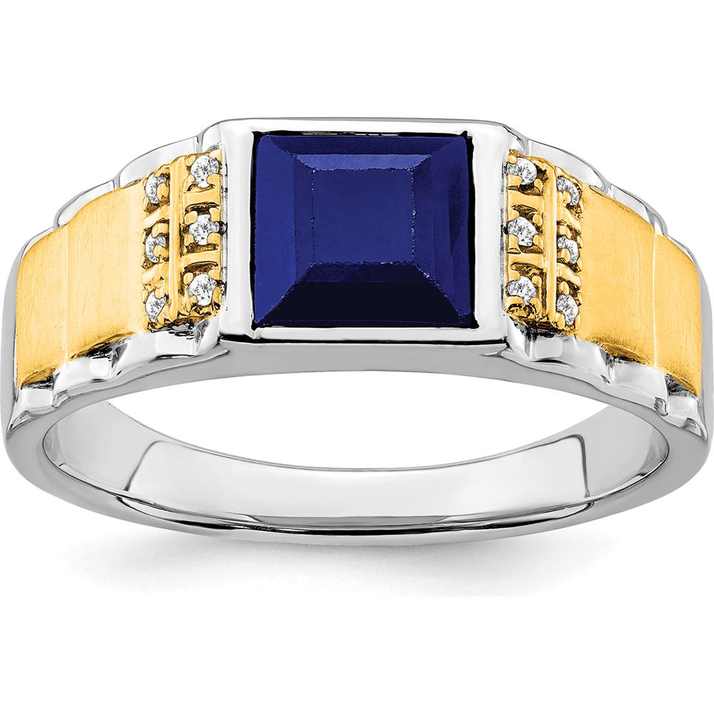 14K Two-Tone Gold Men's Ring with Princess Cut Lab-Created Sapphire and Round Diamonds - 2 Carat Sapphire, 0.06 Carat Total Diamond Weight by 0