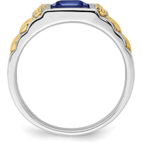14K Two-Tone Gold Men's Ring with Princess Cut Lab-Created Sapphire and Round Diamonds - 2 Carat Sapphire, 0.06 Carat Total Diamond Weight by 0