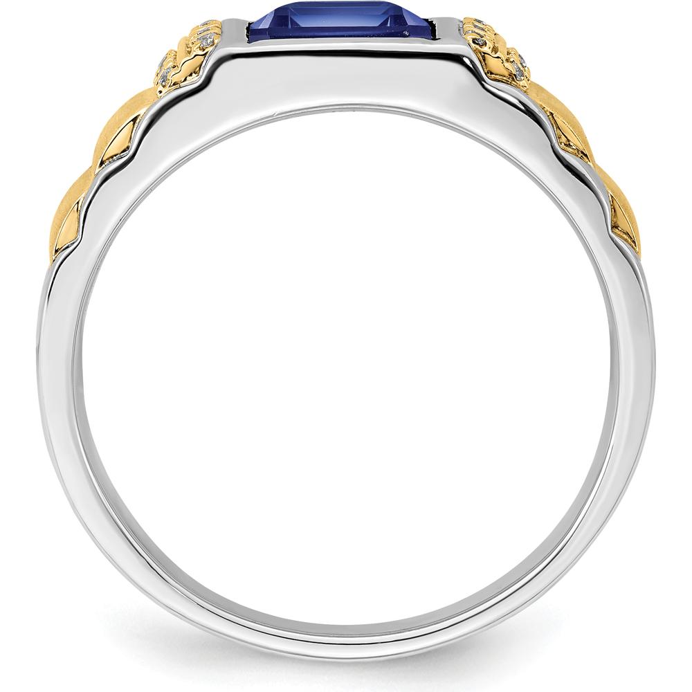 14K Two-Tone Gold Men's Ring with Princess Cut Lab-Created Sapphire and Round Diamonds - 2 Carat Sapphire, 0.06 Carat Total Diamond Weight by 0