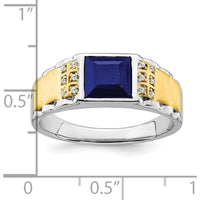 14K Two-Tone Gold Men's Ring with Princess Cut Lab-Created Sapphire and Round Diamonds - 2 Carat Sapphire, 0.06 Carat Total Diamond Weight by 0