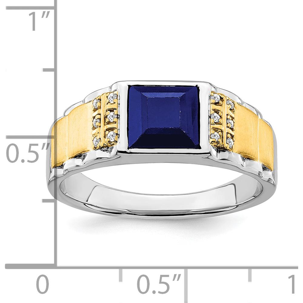 14K Two-Tone Gold Men's Ring with Princess Cut Lab-Created Sapphire and Round Diamonds - 2 Carat Sapphire, 0.06 Carat Total Diamond Weight by 0