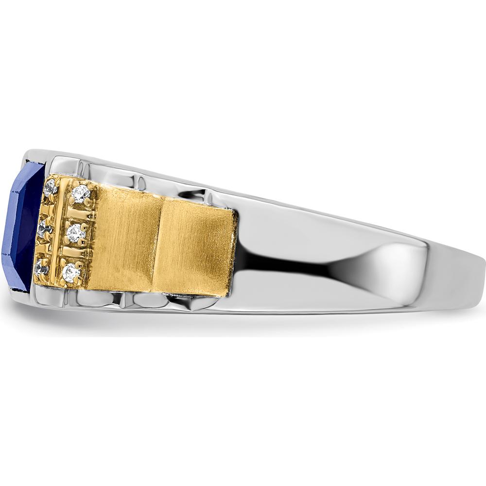 14K Two-Tone Gold Men's Ring with Princess Cut Lab-Created Sapphire and Round Diamonds - 2 Carat Sapphire, 0.06 Carat Total Diamond Weight by 0