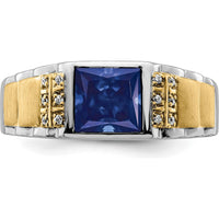 14K Two-Tone Gold Men's Ring with Princess Cut Lab-Created Sapphire and Round Diamonds - 2 Carat Sapphire, 0.06 Carat Total Diamond Weight by 0