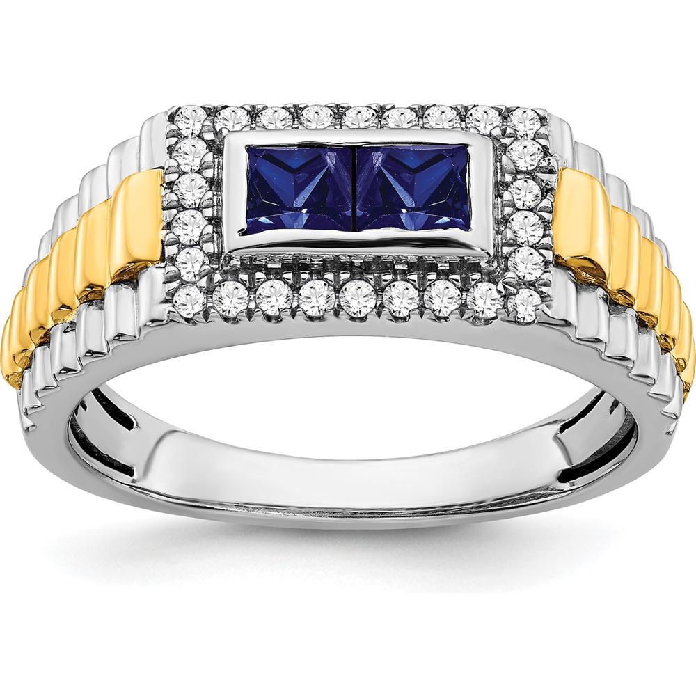 14K Two-Tone Gold Men's Ring with Princess Cut Lab-Created Sapphires and Round Natural Diamonds - 0.402 Carat Sapphire, 0.14 Carat Total Diamond Weight by 0