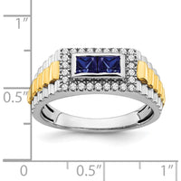 14K Two-Tone Gold Men's Ring with Princess Cut Lab-Created Sapphires and Round Natural Diamonds - 0.402 Carat Sapphire, 0.14 Carat Total Diamond Weight by 0