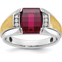 14K Two-Tone Gold Men's Satin Created Ruby and Round Diamond Ring - 0.01 Carats Total Diamond Weight by IBGoodman