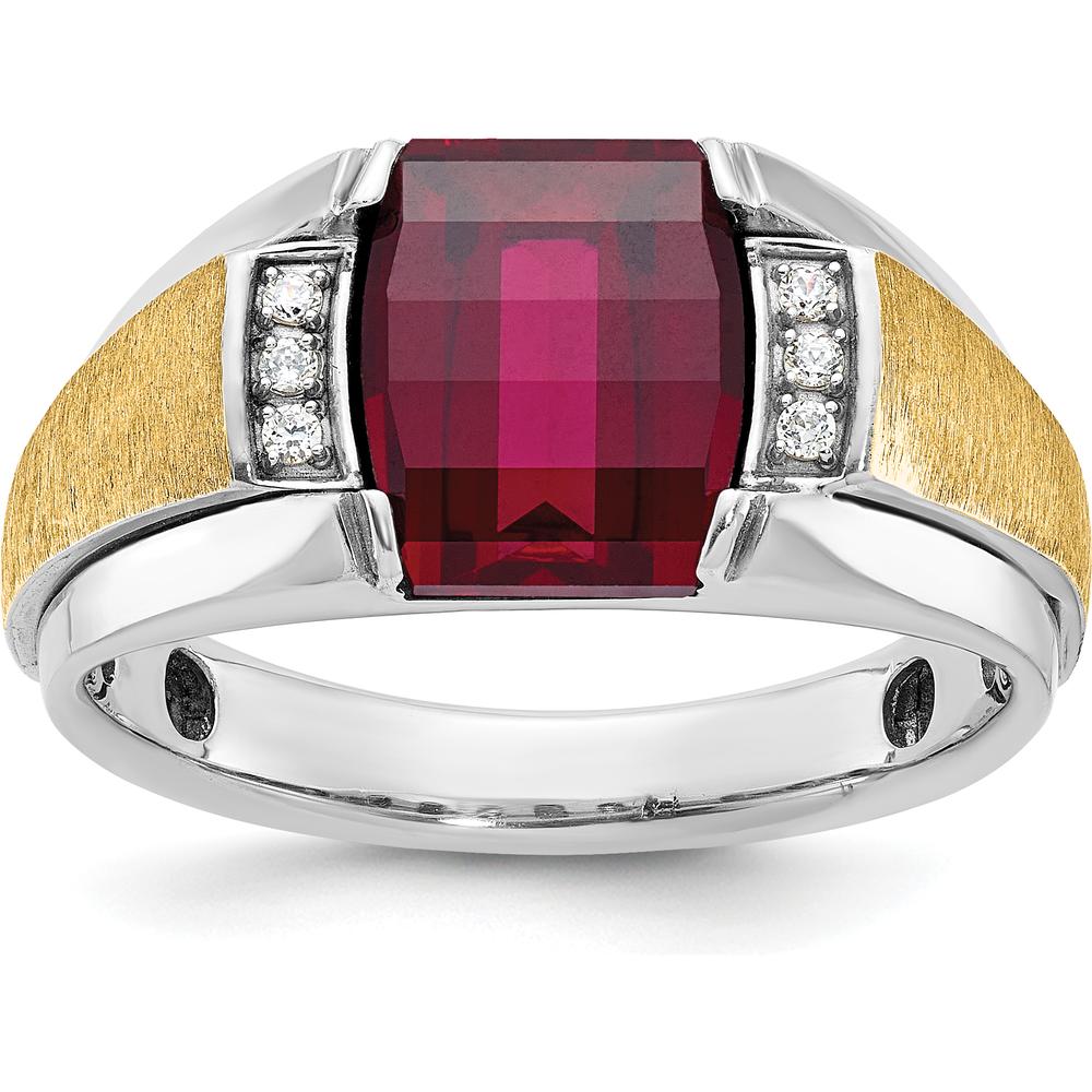 14K Two-Tone Gold Men's Satin Created Ruby and Round Diamond Ring - 0.01 Carats Total Diamond Weight by IBGoodman