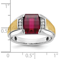 14K Two-Tone Gold Men's Satin Created Ruby and Round Diamond Ring - 0.01 Carats Total Diamond Weight by IBGoodman