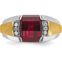 14K Two-Tone Gold Men's Satin Created Ruby and Round Diamond Ring - 0.01 Carats Total Diamond Weight by IBGoodman