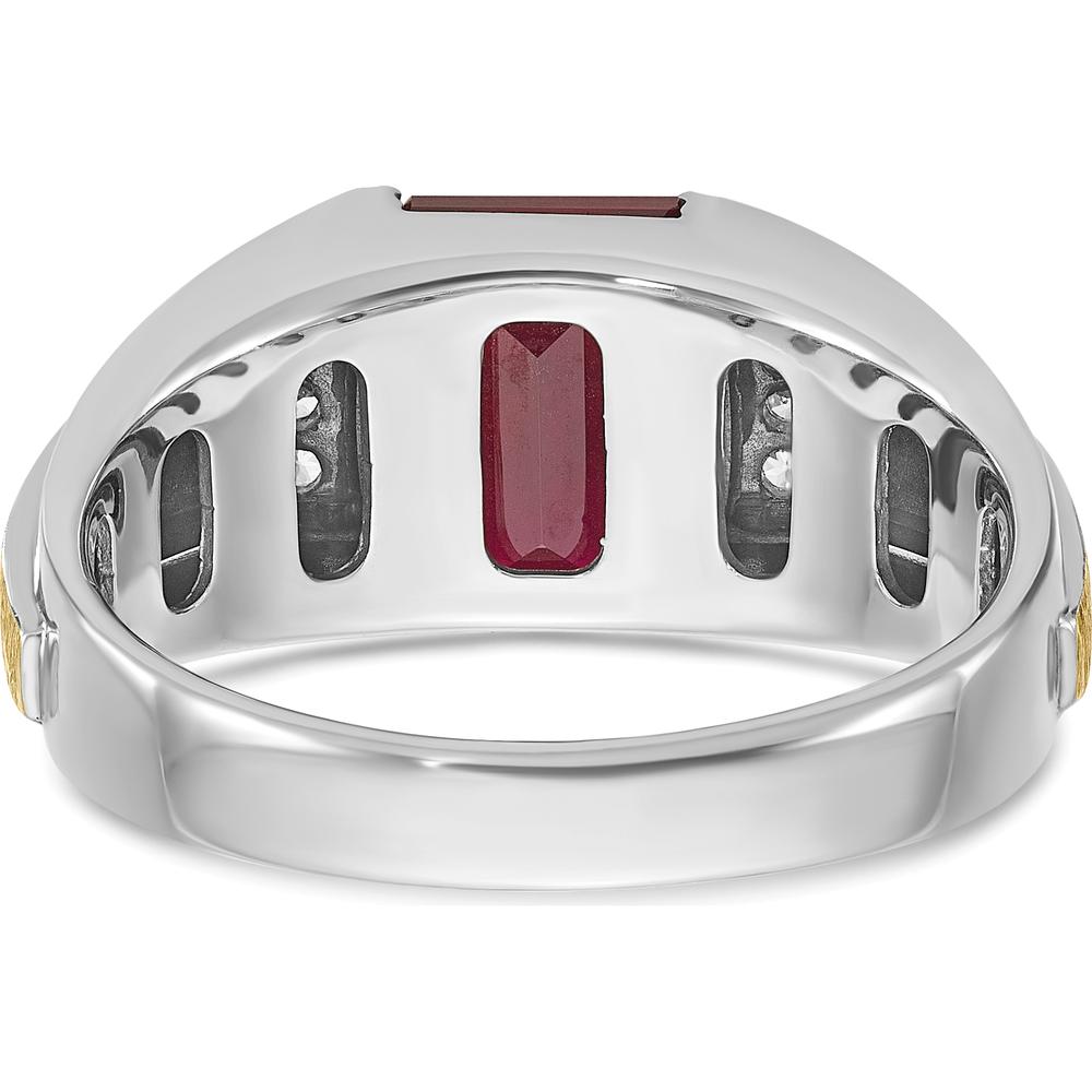 14K Two-Tone Gold Men's Satin Created Ruby and Round Diamond Ring - 0.01 Carats Total Diamond Weight by IBGoodman