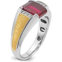 14K Two-Tone Gold Men's Satin Created Ruby and Round Diamond Ring - 0.01 Carats Total Diamond Weight by IBGoodman