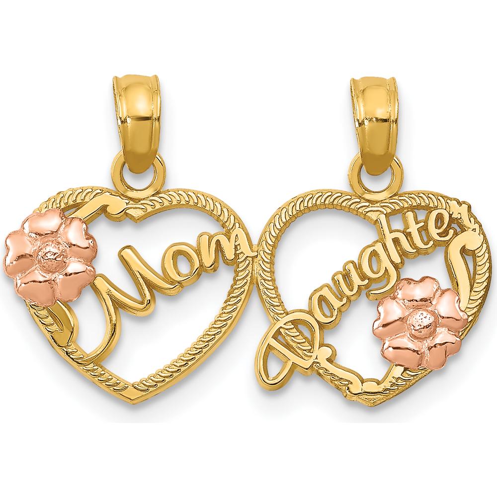 14K Two-Tone Gold MOM-Daughter Heart Break-Apart Pendant with Floral Accents by Oro Pregiato