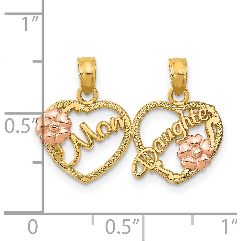 14K Two-Tone Gold MOM-Daughter Heart Break-Apart Pendant with Floral Accents by Oro Pregiato