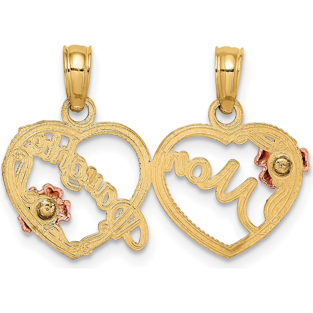 14K Two-Tone Gold MOM-Daughter Heart Break-Apart Pendant with Floral Accents by Oro Pregiato