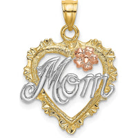 14K Two-Tone Gold MOM Heart Pendant with Flower Charm - 22.4mm Length by Oro Pregiato