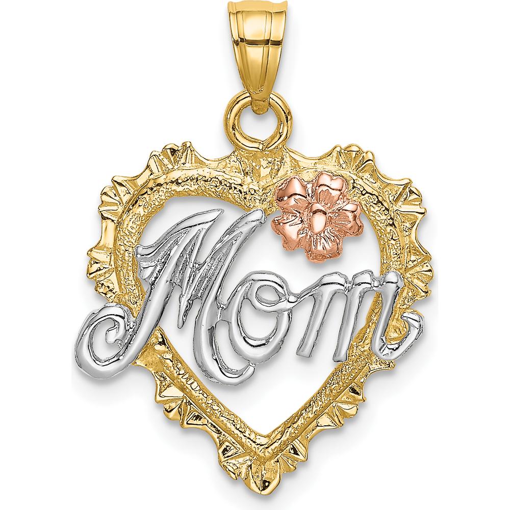 14K Two-Tone Gold MOM Heart Pendant with Flower Charm - 22.4mm Length by Oro Pregiato